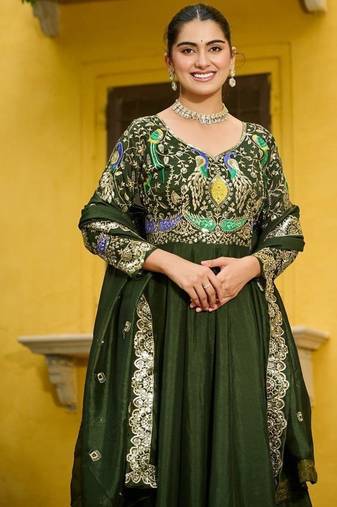 Green vichitra fabric thread zari embroidered gown with dupatta