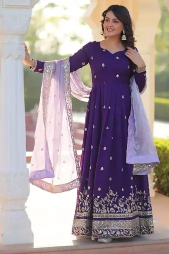 Navy Blue georgette embroidered zari sequin gown with dupatta