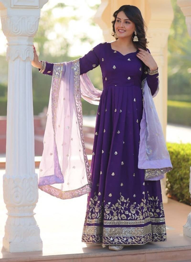 Navy Blue georgette embroidered zari sequin gown with dupatta