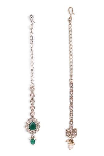 Traditional flower shape and pearl silver gold plated set of 2 combo maang tikka for women