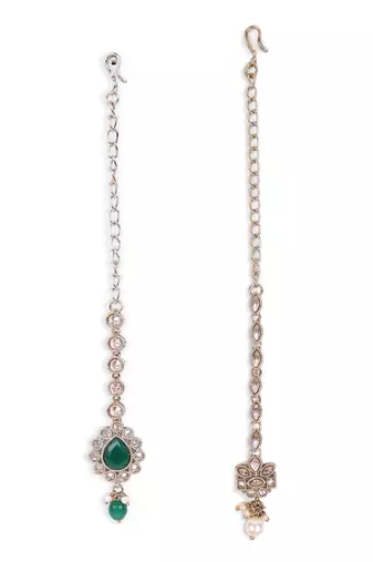 Traditional flower shape and pearl silver gold plated set of 2 combo maang tikka for women