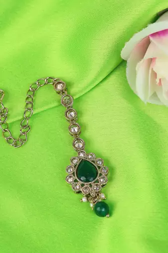 Traditional flower shape and pearl silver gold plated set of 2 combo maang tikka for women