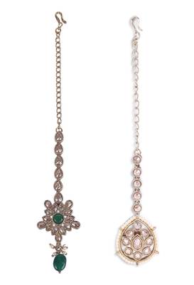 Traditional oval shape silver gold plated set of 2 combo maang tikka for women 1