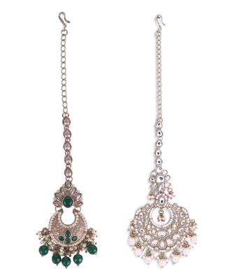 Traditional flower shape and pearl silver gold plated set of 2 combo maang tikka for women 1