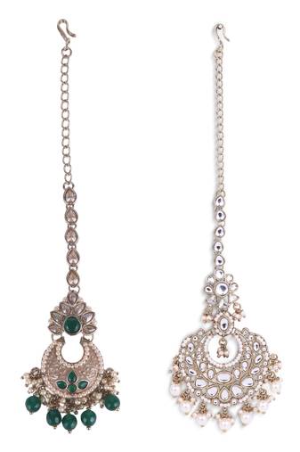 Traditional flower shape and pearl silver gold plated set of 2 combo maang tikka for women