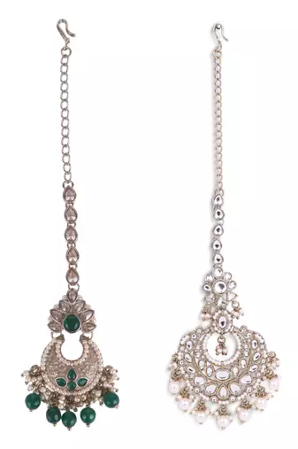 Traditional flower shape and pearl silver gold plated set of 2 combo maang tikka for women