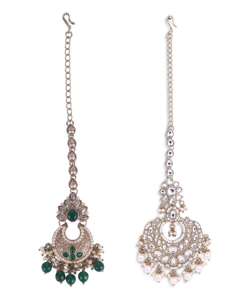 Traditional flower shape and pearl silver gold plated set of 2 combo maang tikka for women