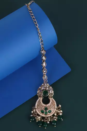 Traditional flower shape and pearl silver gold plated set of 2 combo maang tikka for women