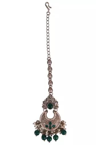 Traditional flower shape and pearl silver gold plated set of 2 combo maang tikka for women