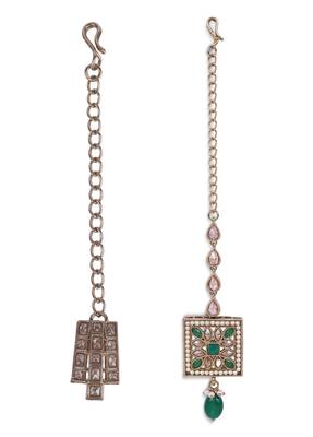 Traditional squire and flower shape silver gold plated set of 2 combo brass maang tikka for women 1