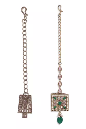 Traditional squire and flower shape silver gold plated set of 2 combo brass maang tikka for women