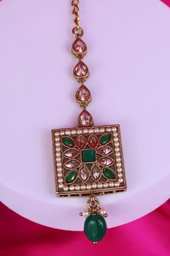 Traditional squire and flower shape silver gold plated set of 2 combo brass maang tikka for women