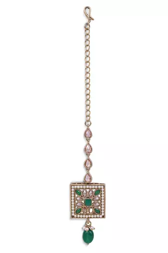 Traditional squire and flower shape silver gold plated set of 2 combo brass maang tikka for women