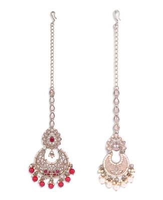 Traditional oval and chandelier shape silver gold plated set of 2 combo maang tikka for women 1