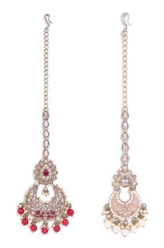 Traditional oval and chandelier shape silver gold plated set of 2 combo maang tikka for women
