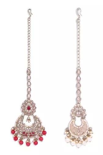 Traditional oval and chandelier shape silver gold plated set of 2 combo maang tikka for women
