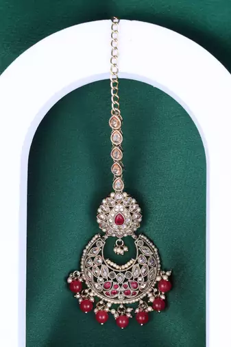 Traditional oval and chandelier shape silver gold plated set of 2 combo maang tikka for women