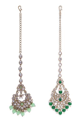 Traditional chandiler and flower shape silver gold plated brass set of 2 combo maang tikka for women