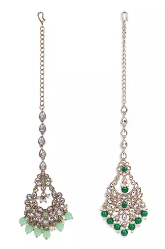 Traditional chandiler and flower shape silver gold plated brass set of 2 combo maang tikka for women