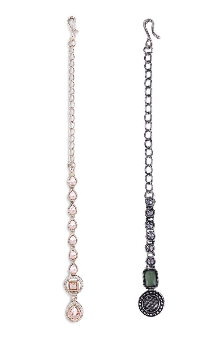 Traditional oval shape silver gold plated brass set of 2 combo maang tikka for women