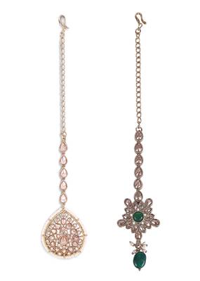 Traditional oval shape silver gold plated brass set of 2 combo maang tikka for women 1
