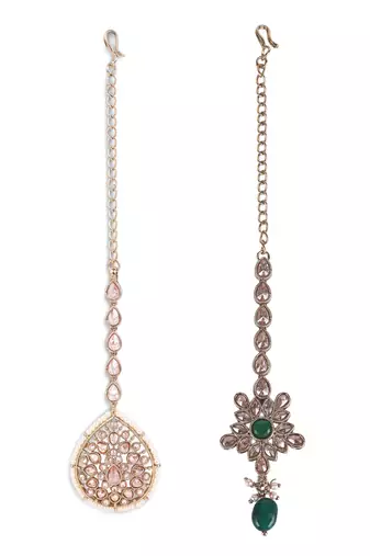 Traditional oval shape silver gold plated brass set of 2 combo maang tikka for women