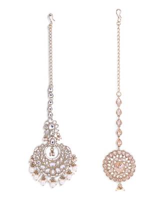 Traditional flower shape and pearl silver gold plated set of 2 combo maang tikka for women 1