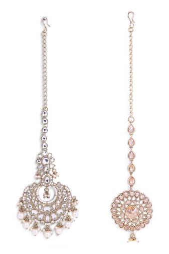 Traditional flower shape and pearl silver gold plated set of 2 combo maang tikka for women