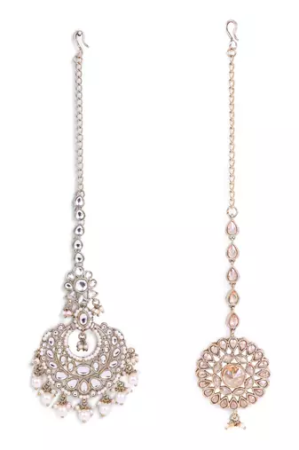 Traditional flower shape and pearl silver gold plated set of 2 combo maang tikka for women