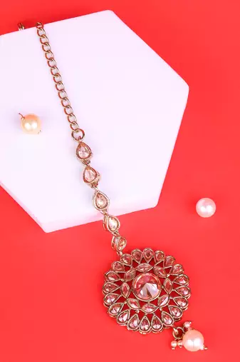 Traditional flower shape and pearl silver gold plated set of 2 combo maang tikka for women