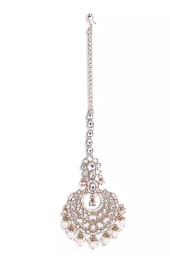 Traditional flower shape and pearl silver gold plated set of 2 combo maang tikka for women