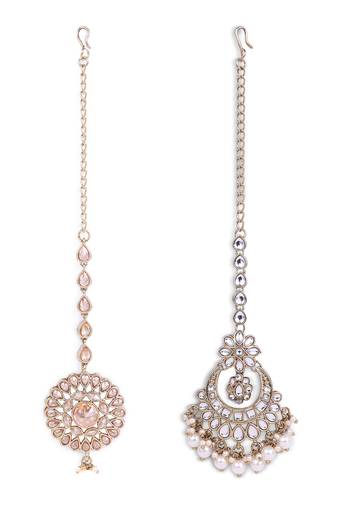 Traditional chandelier and flower shape silver gold plated set of 2 combo maang tikka for women
