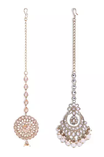 Traditional chandelier and flower shape silver gold plated set of 2 combo maang tikka for women