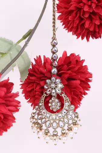 Traditional chandelier and flower shape silver gold plated set of 2 combo maang tikka for women