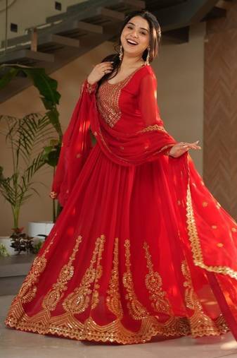 Red faux blooming embroidered zari sequin work gown with dupatta