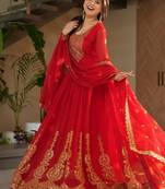 Red faux blooming embroidered zari sequin work gown with dupatta