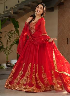 Red faux blooming embroidered zari sequin work gown with dupatta 4
