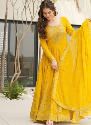 Yellow faux blooming embroidered zari sequin gown with dupatta 1