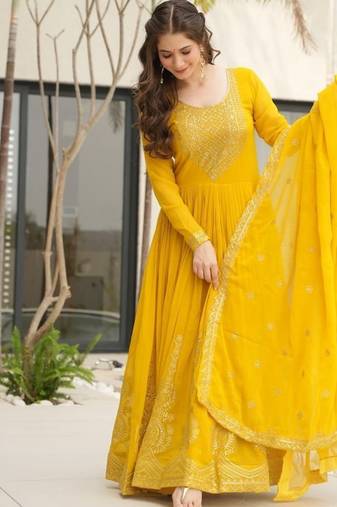 Yellow faux blooming embroidered zari sequin gown with dupatta