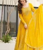 Yellow faux blooming embroidered zari sequin gown with dupatta