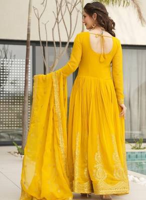 Yellow faux blooming embroidered zari sequin gown with dupatta 2