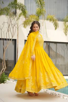 Yellow faux blooming embroidered zari sequin gown with dupatta 3