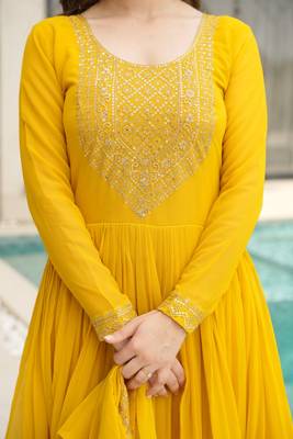 Yellow faux blooming embroidered zari sequin gown with dupatta 4