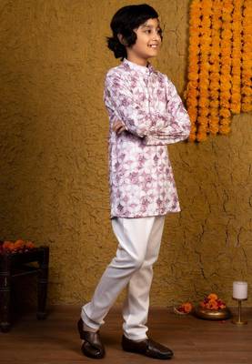 Boys lilac rayon diamond motifs embroidered printed kurta pyjama set 3
