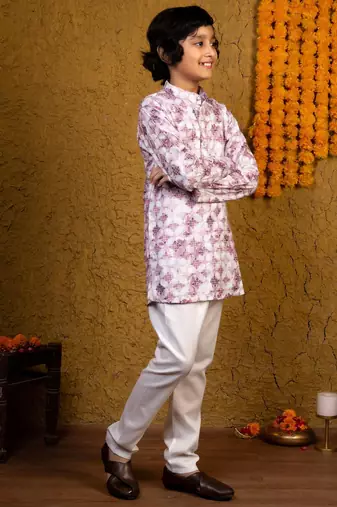 Boys lilac rayon diamond motifs embroidered printed kurta pyjama set