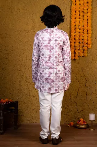 Boys lilac rayon diamond motifs embroidered printed kurta pyjama set