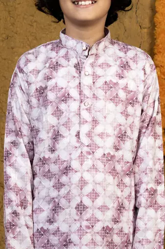 Boys lilac rayon diamond motifs embroidered printed kurta pyjama set