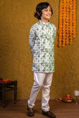 Boys green rayon diamond motifs embroidered printed kurta pyjama set 3