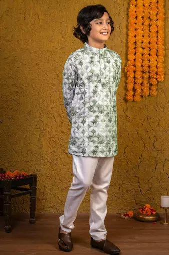 Boys green rayon diamond motifs embroidered printed kurta pyjama set