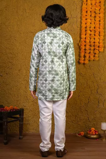 Boys green rayon diamond motifs embroidered printed kurta pyjama set